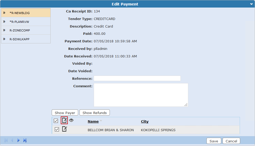 Show Payer Edit Record