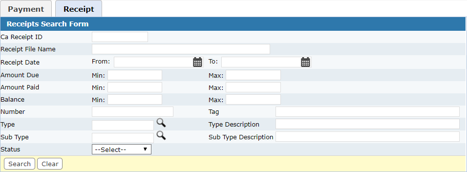 Payment Manager Receipt Search Form